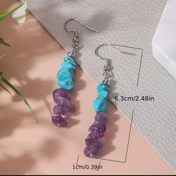 ✨🆕✨ Bohemian Purple Amethyst & Turquoise Natural Stone Ear Hook Earrings ✨ - Picture 6 of 13